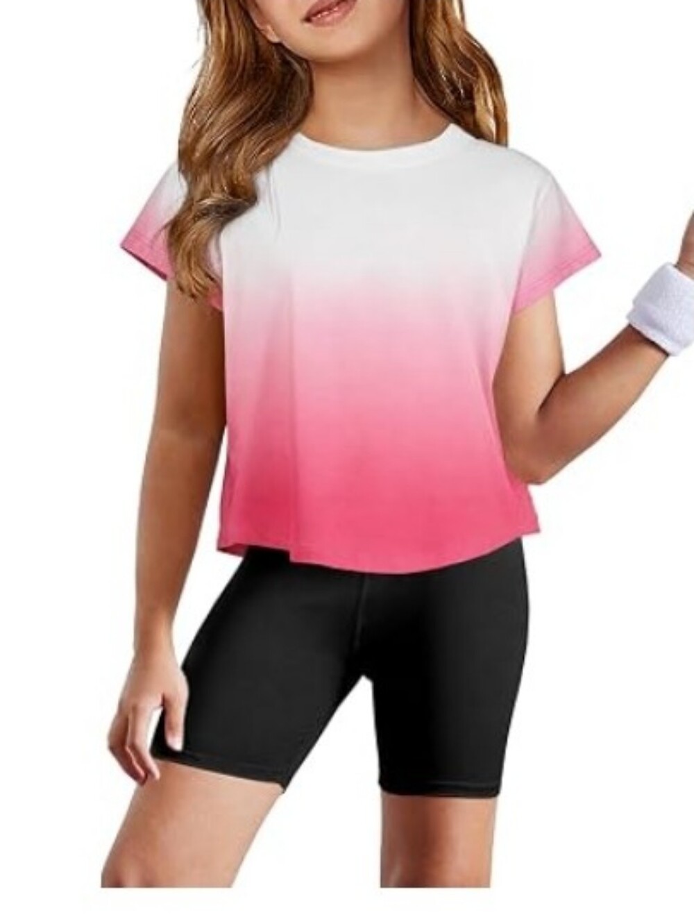 Girls Loose Athletic Shirts Short Sleeve Crop Top Pink
